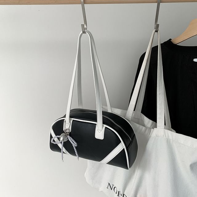 Striped Faux Leather Bowler Bag