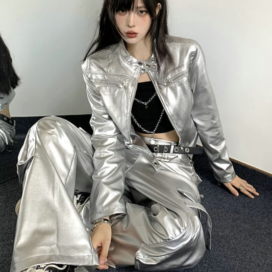 Band Collar Plain faux Leather Zip Jacket / Crop Camisole Top / Mid Rise Wide Leg Cargo Pants / Belt / Set