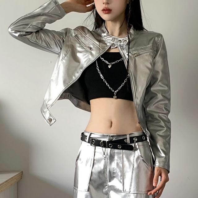 Band Collar Plain faux Leather Zip Jacket / Crop Camisole Top / Mid Rise Wide Leg Cargo Pants / Belt / Set