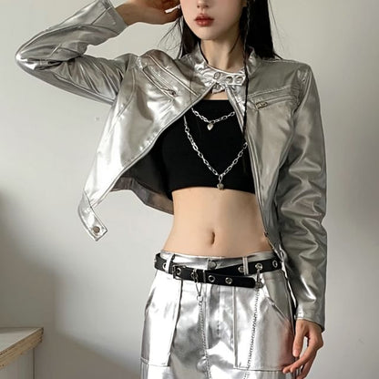 Band Collar Plain faux Leather Zip Jacket / Crop Camisole Top / Mid Rise Wide Leg Cargo Pants / Belt / Set