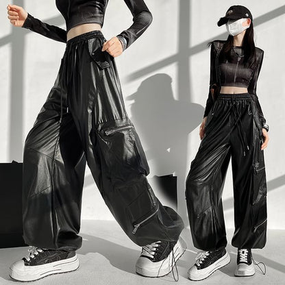 Drawstring Waist Plain Faux Leather Baggy Cargo Pants