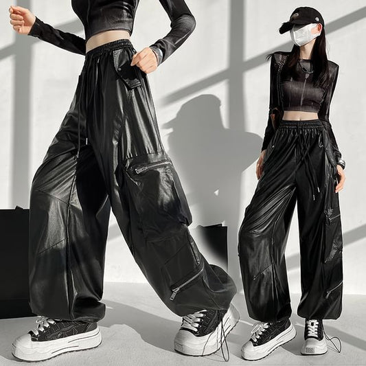 Drawstring Waist Plain Faux Leather Baggy Cargo Pants