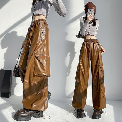Drawstring Waist Plain Faux Leather Baggy Cargo Pants