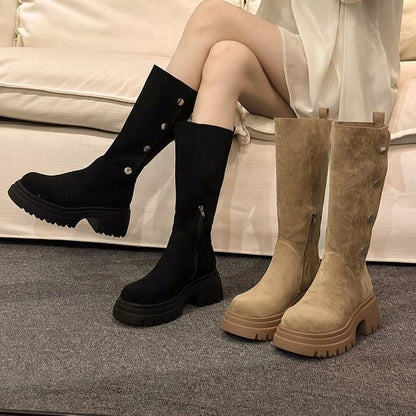 Calf Suede Button Faux Mid Platform Boots