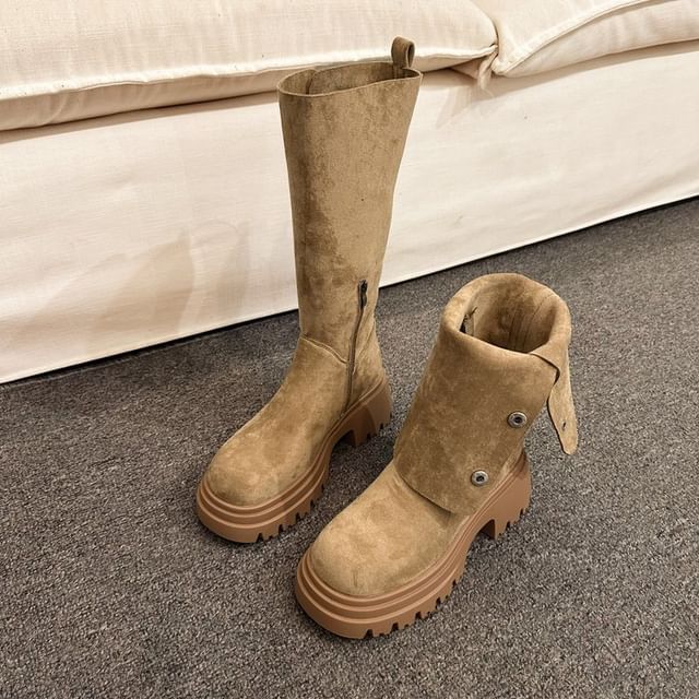 Calf Suede Button Faux Mid Platform Boots