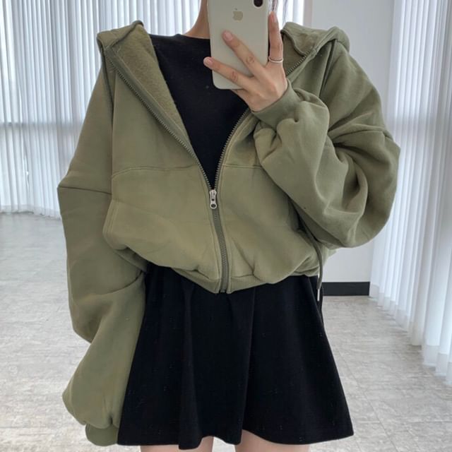 Drop Shoulder Plain Zip Up Cropped Hoodie