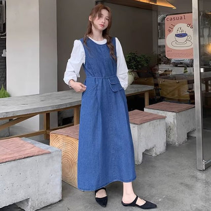 Long-Sleeve Round Neck Plain Blouse / Washed Denim Maxi Dungaree Dress / Crossbody Bag / Set