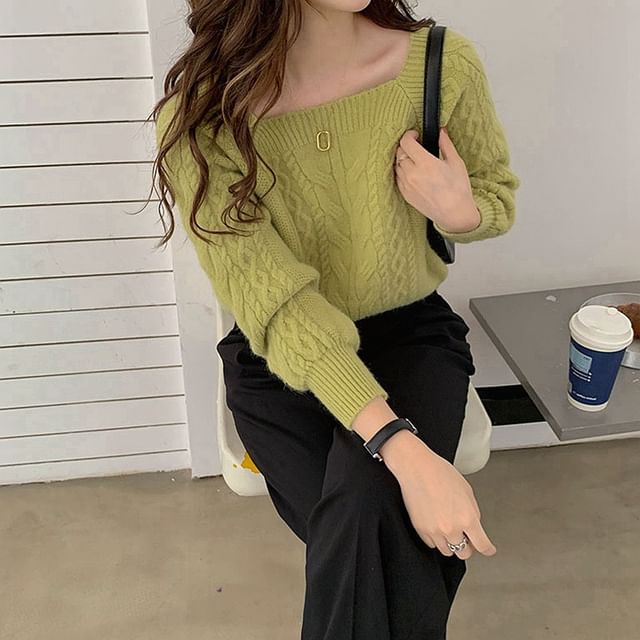 Square-Neck Cable-Knit Loose Sweater in 13 Colors