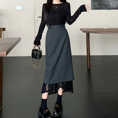 Long-Sleeve Crew Neck Plain Knit Top / High Rise Lace Trim Midi A-Line Skirt