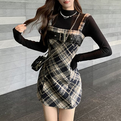 Long-Sleeve Mock Neck Knit Top / Plaid Midi Dungaree Dress / Set