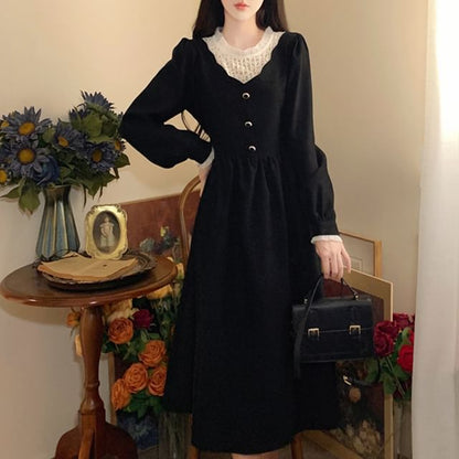 Long-Sleeve Crew Neck Plain Midi A-Line Dress