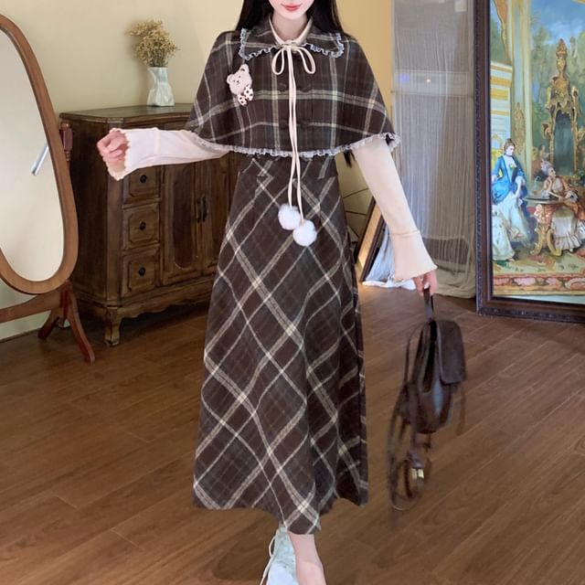 Long Sleeve Plaid Mock Two Piece A-Line Dress / Plaid Cape / Set