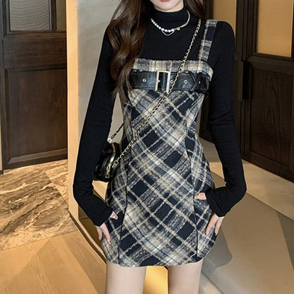 Long-Sleeve Mock Neck Knit Top / Plaid Midi Dungaree Dress / Set