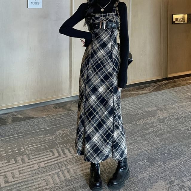 Long-Sleeve Mock Neck Knit Top / Plaid Midi Dungaree Dress / Set