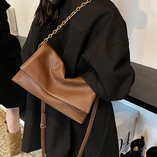 Faux Leather Plain Flap Shoulder Bag