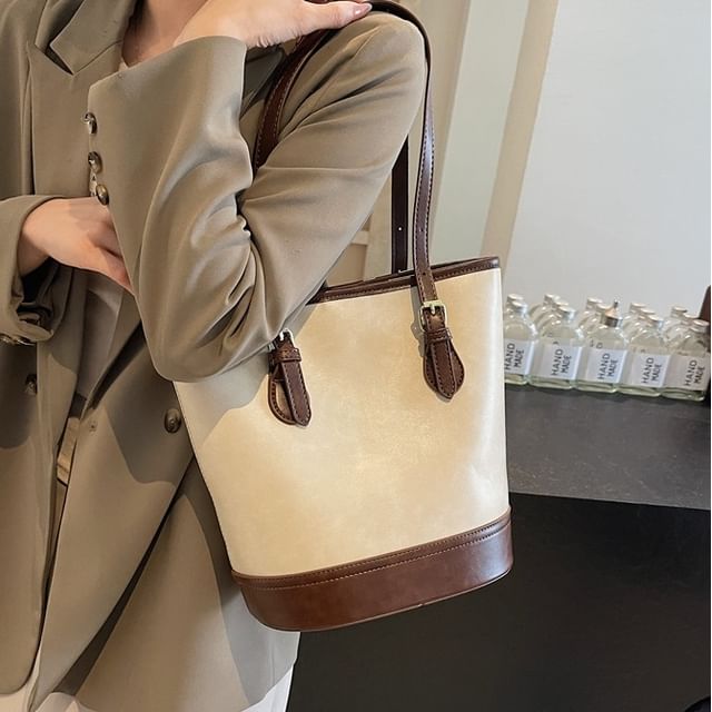 Faux Leather Two Tone Shoulder Bucket Bag