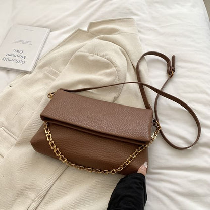 Faux Leather Plain Flap Shoulder Bag