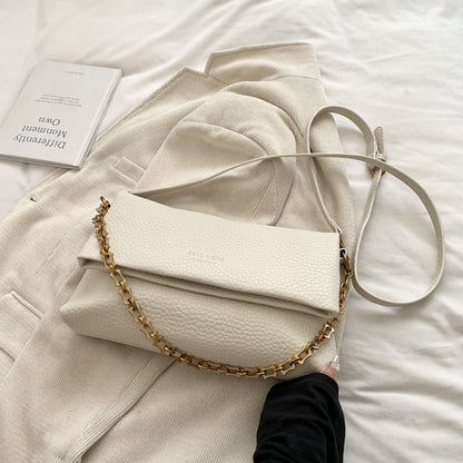 Faux Leather Plain Flap Shoulder Bag