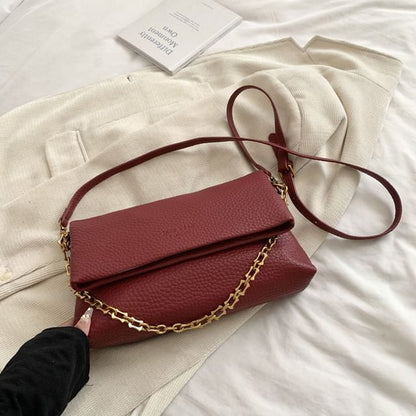 Faux Leather Plain Flap Shoulder Bag