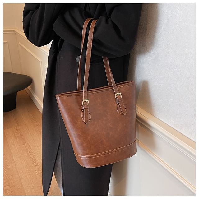 Faux Leather Two Tone Shoulder Bucket Bag