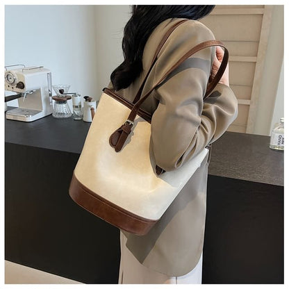 Faux Leather Two Tone Shoulder Bucket Bag