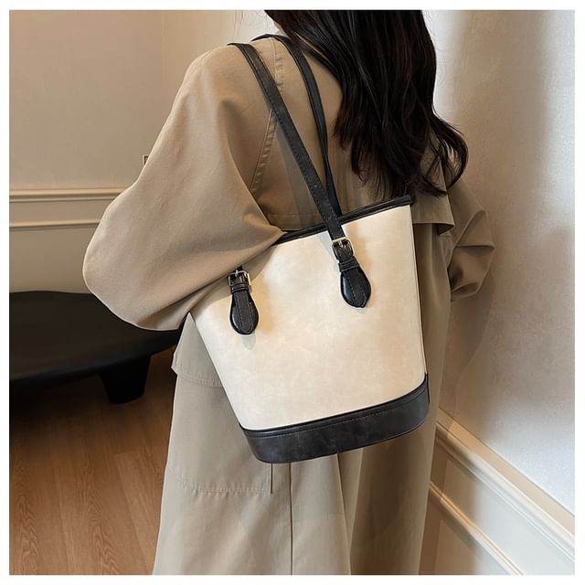 Faux Leather Two Tone Shoulder Bucket Bag