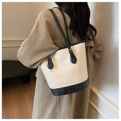 Faux Leather Two Tone Shoulder Bucket Bag
