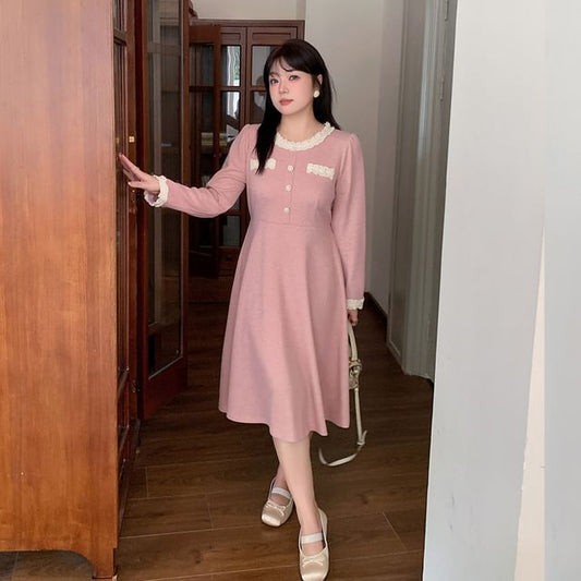 Plus Size Long-Sleeve Plain Lace Trim Midi A-Line Dress