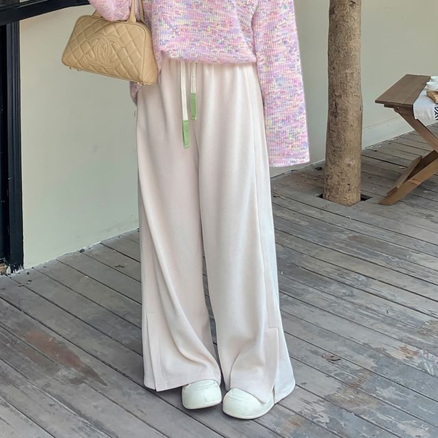 Plus Size Drawstring Waist Plain Wide Leg Pants