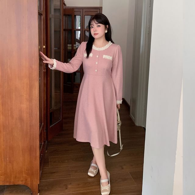 Plus Size Long-Sleeve Plain Lace Trim Midi A-Line Dress