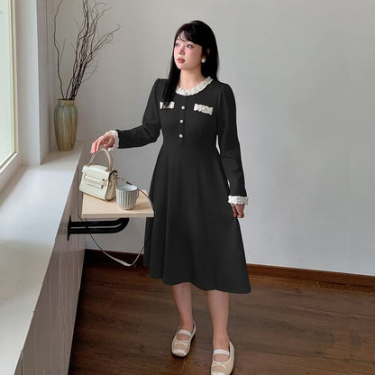 Plus Size Long-Sleeve Plain Lace Trim Midi A-Line Dress