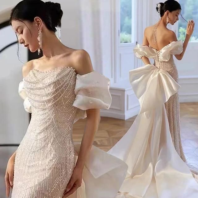 Off Shoulder Faux Pearl Bowknot Sheath Evening Gown