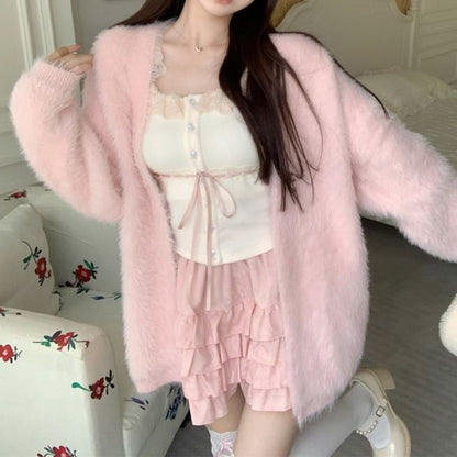 Plain Fluffy Open Front Cardigan / Lace Trim Cami Top / High Waist Ruffle Mini A-Line Skirt