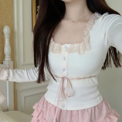 Plain Fluffy Open Front Cardigan / Lace Trim Cami Top / High Waist Ruffle Mini A-Line Skirt