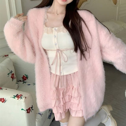 Plain Fluffy Open Front Cardigan / Lace Trim Cami Top / High Waist Ruffle Mini A-Line Skirt