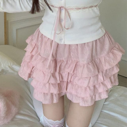 Plain Fluffy Open Front Cardigan / Lace Trim Cami Top / High Waist Ruffle Mini A-Line Skirt