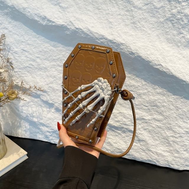 Coffin Shaped Studded Faux Leather Crossbody Bag