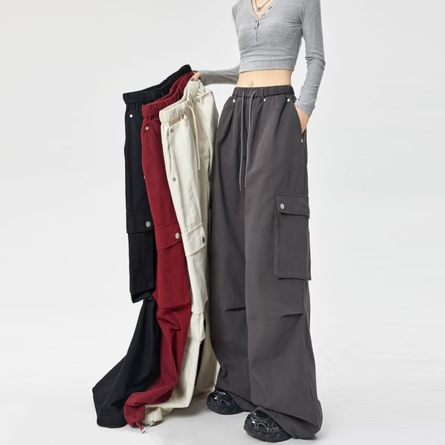 Drawstring Waist Plain Wide Leg Cargo Pants