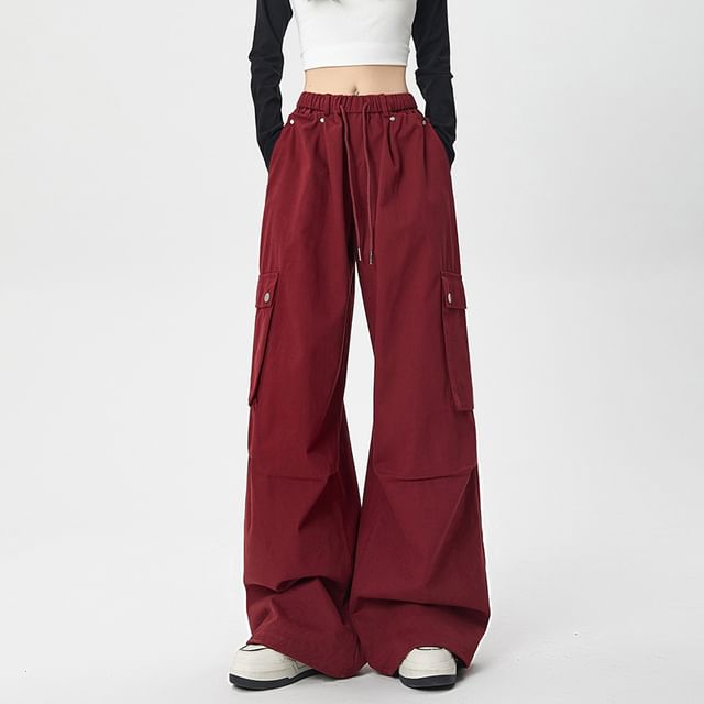 Drawstring Waist Plain Wide Leg Cargo Pants