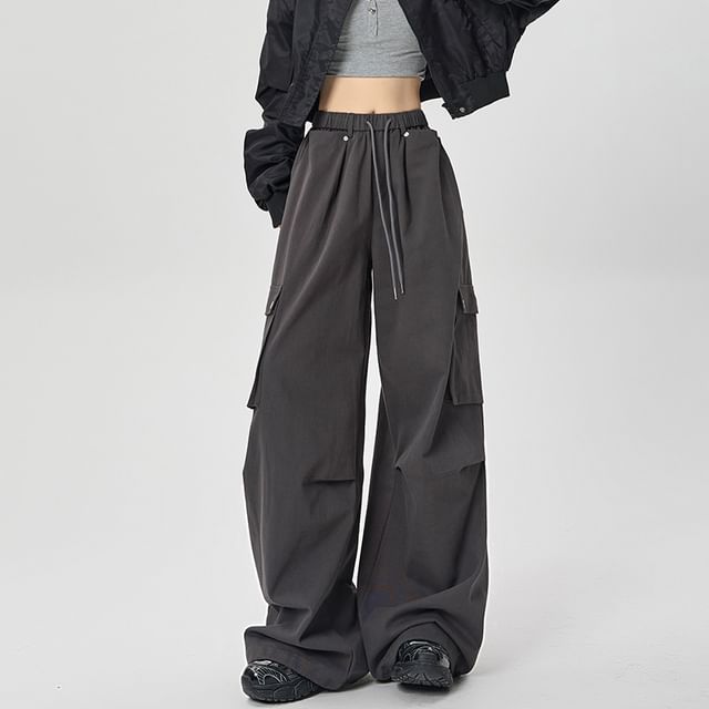 Drawstring Waist Plain Wide Leg Cargo Pants