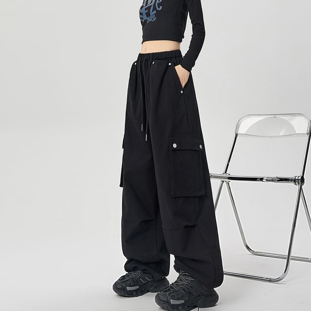 Drawstring Waist Plain Wide Leg Cargo Pants