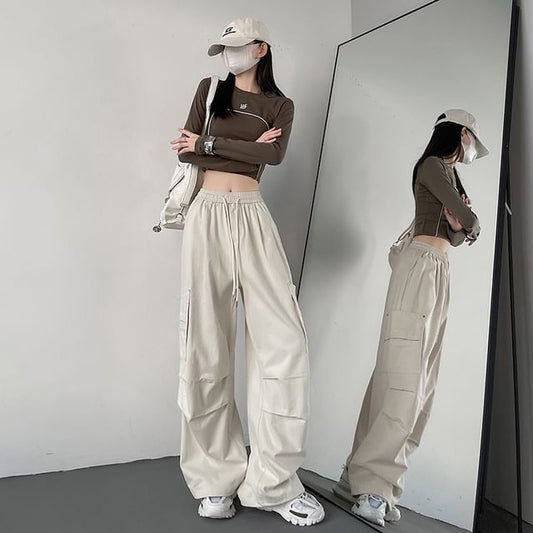 High Waist Plain Wide Leg Cargo Pants