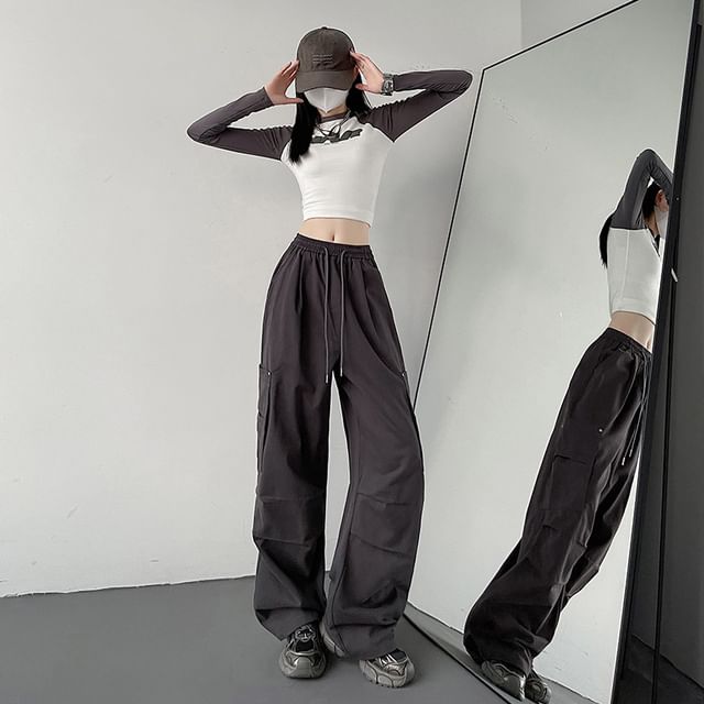 High Waist Plain Wide Leg Cargo Pants