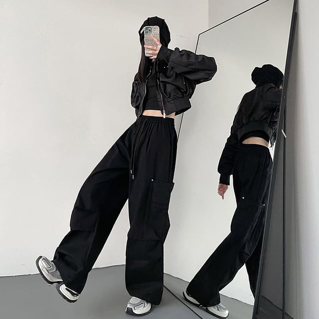 High Waist Plain Wide Leg Cargo Pants