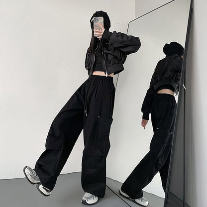 High Waist Plain Wide Leg Cargo Pants