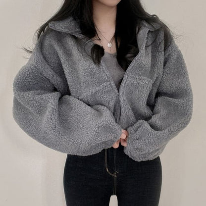 Collared Plain Zip Up Crop Teddy Jacket