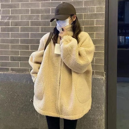 Stand Collar Plain Zip Up Oversized Teddy Jacket