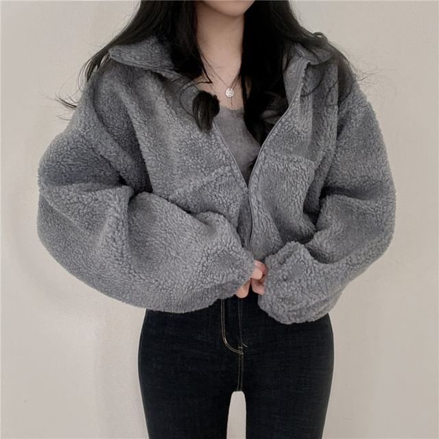 Collared Plain Zip Up Crop Teddy Jacket
