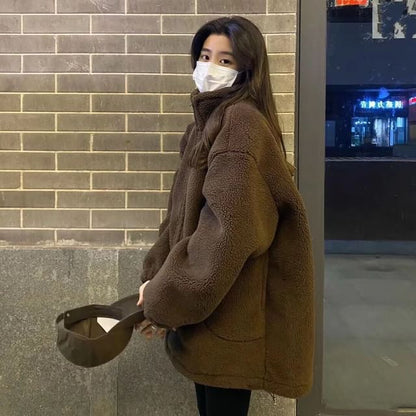 Stand Collar Plain Zip Up Oversized Teddy Jacket