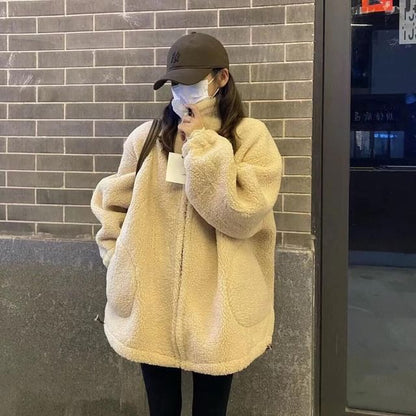 Stand Collar Plain Zip Up Oversized Teddy Jacket